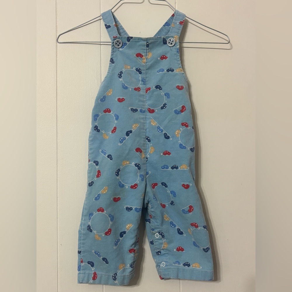 Vintage Healthtex Light Blue Corduroy Overalls with Red, Navy & Yellow Car Print